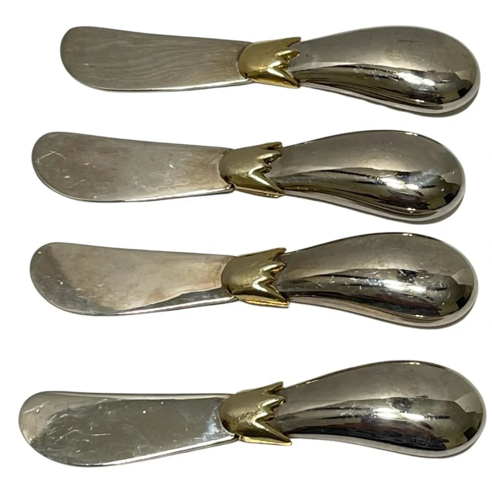 Joie de Vivre Eggplant Pattern Cheese Butter Spreader Silver Gold Toned Set of 4